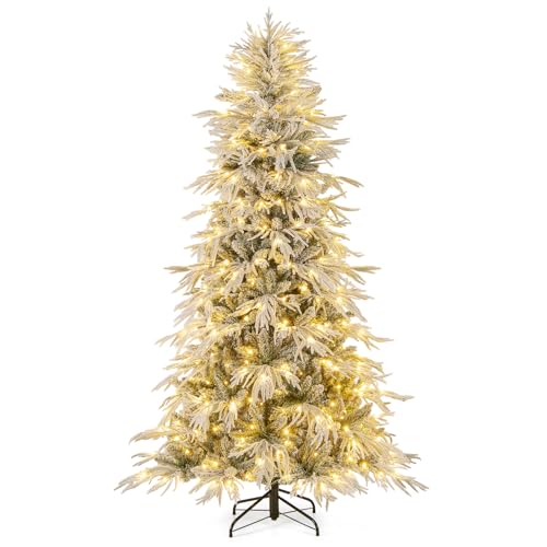 Image of Goplus 7 FT Pre-Lit Snow Flocked Christmas Tree, Artificial Hinged Xmas Tree with 820 PE & PVC Mixed Branch Tips, 340 Warm White LED Lights, Foldable Metal Base, Home Office Decoration
