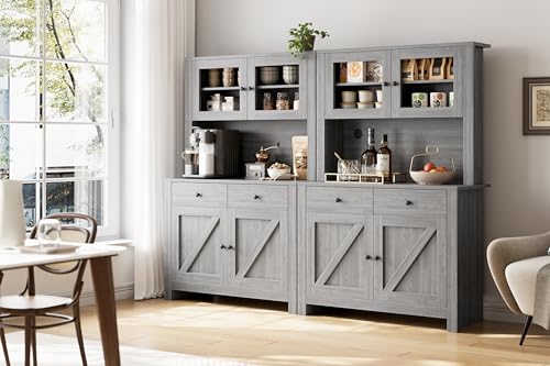 GarveeHome Farmhouse Pantry Cabinet, Kitchen Pantry Storage Cabinet with Microwave Stand, Rustic Buffet Sideboard with Sliding Door, Freestanding Cupboard with Shelves for Dining Room, Dark Grey