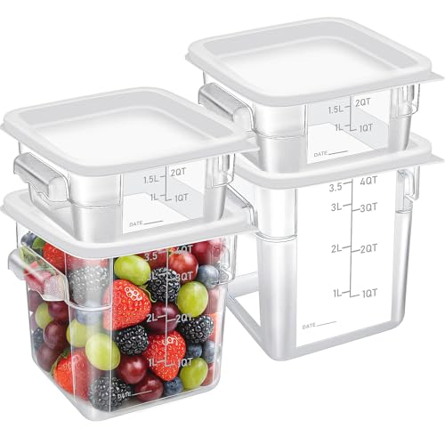 ASMIZ 4 Pcs Polycarbonate Square Storage Container, 2L and 4L Clear Food Storage Boxes with Lids & Graduated Markings, Kitchen Storage for Dough Proving, Marinating Meat, Catering Use (White)
