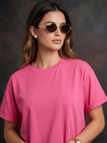 Image of JUNEBERRY Pure 100% Cotton Oversized Loose Fit Drop Shoulder Round Neck Boyfriend Fit Solid Half Sleeves T-Shirt for Women & Girls (Sizes: S to 2XL)