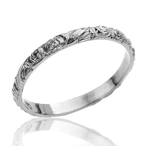 Vintage Inspired Floral Engraved Solid Gold Wedding Band, Rose Flower Thin Wedding Band, Unique Band of Flowers Solid Gold Ring, 14k White Gold SIZE 7.5