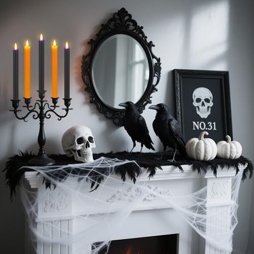 Image of SHENSY Halloween Flameless Taper Candles -6Pack Orange and Black Real Wax LED Candlesticks with 3D Flickering Flame, Battery Operated with Remote & Timer - Spooky Window and Table Decor