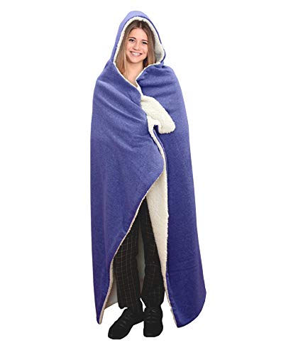 Posh Home Hooded Jersey Knit Reversible Sherpa Throw Blanket, 50" x 60" (Blue)