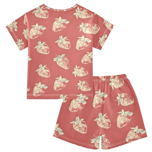 ALAZA Vintage Strawberry Watercolor Pajamas Set Short Sleeve Cotton Sleepwear Summer Pjs 2 Piece 5-14Y2