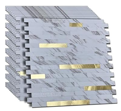 WEIMEISC 10-Sheet Peel and Stick Backsplash Tile, PVC Mixed Metal Stick on Backsplash Tiles for Kitchen (White Marble + Gold-2, 10)