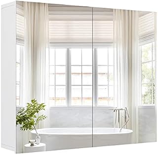 FOREHILL Bathroom Mirror Cabinet Wall Storage Cupboard Wall Mounted Cabinet with 2 Doors Mirrored and Adjustable Shelves Wooden 70x15x60cm