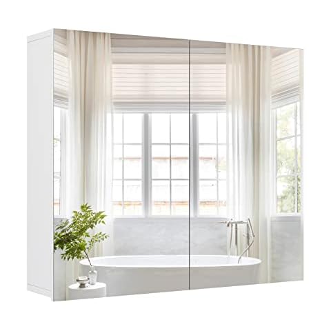 FOREHILL Bathroom Mirror Cabinet Wall Storage Cupboard Wall Mounted Cabinet with 2 Doors Mirrored and Adjustable Shelves Wooden 70x15x60cm Cover