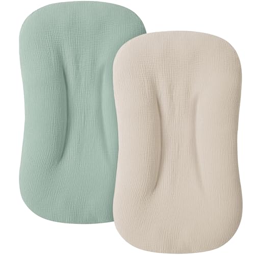 Image of MairMore Muslin Baby Cover for Newborn, Soft and Breathable 100% Cotton Lounger Slipcover Neutral, Pack of 2(Green, Ivory)
