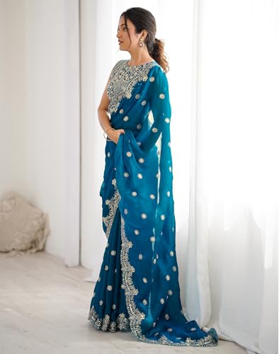 Image of Satrani Women's Shimmer Chiffon Dual Tone Scalloped Border Sequins Embroidery Saree with Unstitched Blouse Piece