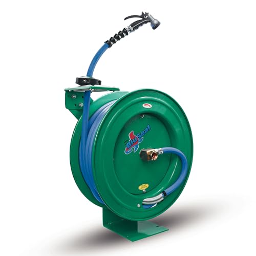 RMX BluSeal Auto Retractable Water Hose Reel with Hot & Cold Water Rubber Garden Hose, Spray Nozzle - Ultra Light, Super Strong with 6' Lead-in Hose (3/4” x 50’ Green)