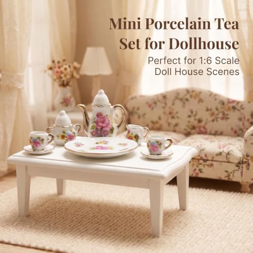 Image of Miniature Tea Set 1 /6 Scale Dollhouse Accessories Porcelain, Pink