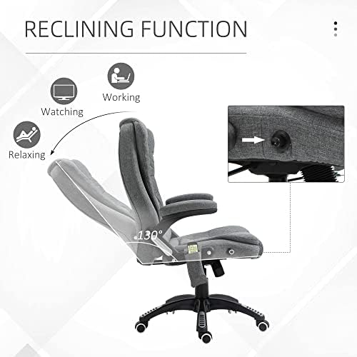 Vinsetto Massage Office Chair Recliner Ergonomic Gaming Heated Home Office Padded Linen-Feel Fabric & Swivel Base Grey