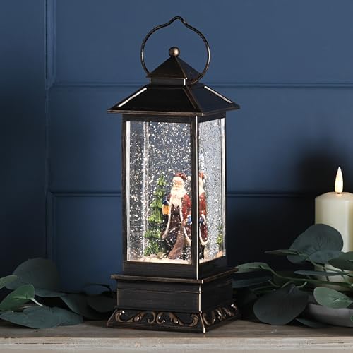 Image of Festive Lights - 27cm Santa Scene Lantern Water Spinner Decoration - Warm White LED, Battery Powered, Indoor Use, Antique Finish with Timer Function, Glitter Swirling Effect, Classic Seasonal Display