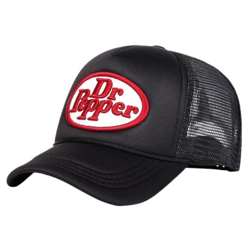 Image of Doniya Fitness Pepper Doc Mesh Trucker Hat, Classic Logo Baseball Cap, Adjustable Snapback, Available in Red, Black, and Two-Tone (UK, Alpha, One Size, Black)