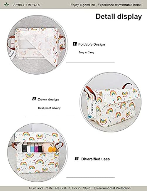 Rectangular Fabric basket with cover and handle, decorative basket and closet storage box for clothes, books and sundries£¨rainbow with lid£©, 14.9x10.2x9.05 Inch (Pack of 1)