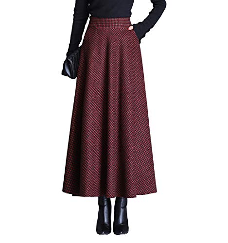 Damen Lang Rock Elegant Maxi Winterrock Plaid Warm Wollrock Hohe Taille Karierter röcke Herbst Elastische Taille Vintage A Linie Casual Midi Faltenrock B Red Wine L