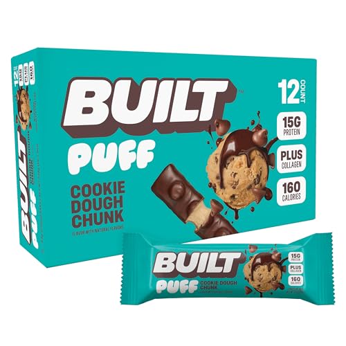 BUILT Bar Puff Protein Bars - Cookie Dough - 15g Protein Snack Bars with Collagen - Calorie Conscious, No Gluten Free - 12 Count