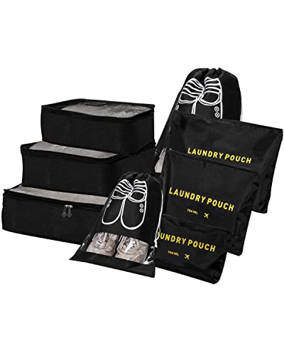 Juego de organizador De Maletas, bolsas De Ropa De Viaje, 8 En 1,cubos De Embalaje, equipaje, Para Ropa, Zapatos, Ropa Interior, Cosméticos (Negro)