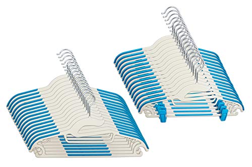 CORTEC Kleiderbügel 30 Stück, Kombi-Bügel aus Kunststoff, Klammern, hochwertig, S-Form-Öffnung, Anti-Rutsch, platzsparend, 0,5 cm dick, Haken um 360° drehbar, 42 cm breit, Weiß Blau Cover