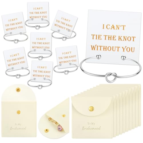 Tondiamo Set of 8 Bridesmaid Bracelet Gifts Bridesmaid Knot Cuff Bangle Bracelets Include I Can't Tie the Knot Without You Gift Cards PU Small Jewelry Bags for Proposal Wedding Bridal Party