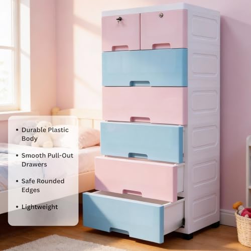Image of The Tickle Toe Plastic Chest of 7 Drawers for Kids | Pink & Blue Multipurpose Organizer with 2 Locks | Dresser Storage Cabinet for Toys & Clothes | Glossy Finish | 51L x 33W x 121H cm