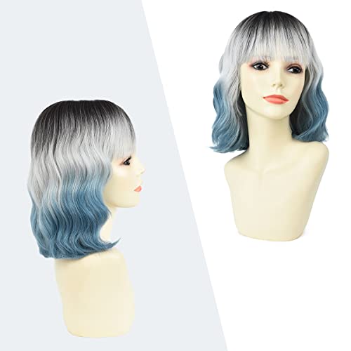 Image of Rose bud Wavy Bob Wig with Bangs Synthetic Natural Wig Short Curly Wigs for Women Thick Ombre Silver to Blue