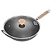 Niepowlekany nieprzywierający żelazny wok z pokrywką - 33 cm - patelnia do smażenia z pokrywką ze szkła hartowanego i uchwytem bukowym, jeden rozmiar