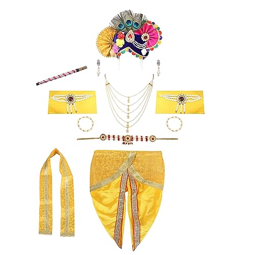 Image of Raj Fancy Dresses Shri Krishna Dress for Baby Boy & Girl, Janmashtmi Dress with Diaper-friendly Dhoti & Dupatta, Mor Pankh Mukut