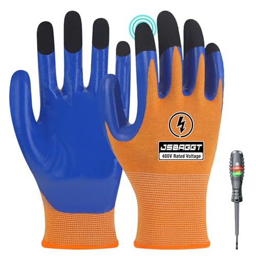 JSBAGGT Electrician Gloves 1PCS 400V Voltage Resistance Electrician Work Gloves High Voltage Gloves Flame Retardant Insulation with Full Fingers Touchscreen (Orange and Blue)