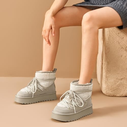 BEAU TODAY Snow Boots for Women, Platform Anti-Slip Winter Booties, Warm Fur Lace Up Round Toe Ankle Boots for Women, Comfort Faux Fur Outdoor Walking Boots2