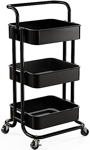 3 Tier Mesh Utility Cart, Rolling Metal Organization Cart with Handle and Lockable Wheels, Multifunctional Storage Shelves for Kitchen Living Room Office by Pipishell, Black