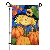 Flagolden Fall Garden Flag with Stand 12x18 Inch Scarecrow Pumpkin Autumn Burlap Garden Flags for Outside Yard Holiday Decoration Vivid Color
