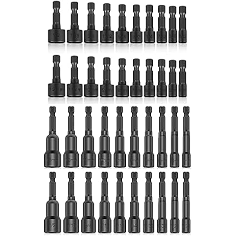 40 x Power Nut Driver Set for Impact Drill, SAE and Metric 1/4” Hex Head Drill Bit Set Screwdriver Socket Set, Chrome Vanadium Steel, Quick Change Chuck Socket Wrench Screw Impact Nutsetter Cover