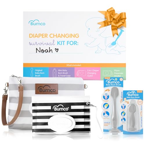 Image of Bumco Baby Essentials Set - Personalized Diaper-Changing Baby Gift Set, Gender Neutral Baby Gift with 2 Baby Bum Brushes (Original & Mini) + Diaper Clutch Bag + Wipes Wristlet, Newborn Gift Set
