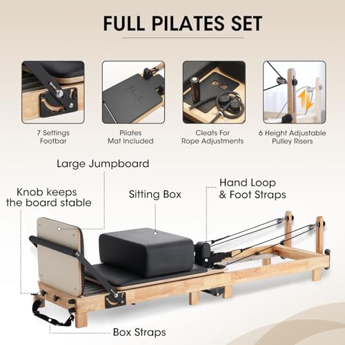 Pilates Reformer, PAETA Wooden Foldable Pilates Reformer Machine with Springs, Pilates Machines for Home Use and Studio, Pilates Equipment with Sitting Box, Jump Board and Accessories