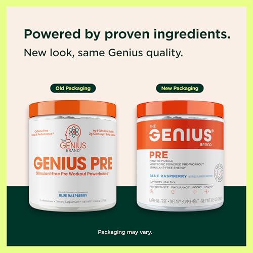 Image of The Genius Brand Genius Pre - Clean Pre-Workout Powder for Energy, Focus & Fitness Support - No Artificial Flavors, Preservatives, or Proprietary Blends - Non-GMO - 20 Servings - Blue Raspberry