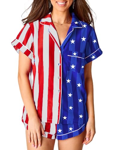 Image of NUFIWI Women 4th of July Outfits American Flag Short Sleeve Shirt Striped Shorts Lounge Set Two Piece Pajama Sleepwear