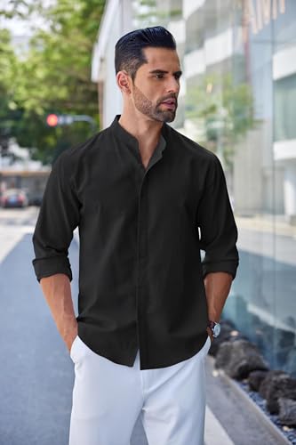 COOFANDY Men's Long Sleeve Oxford Dress Shirts Chambray Button Down Shirt Casual Band Collar Shirts3