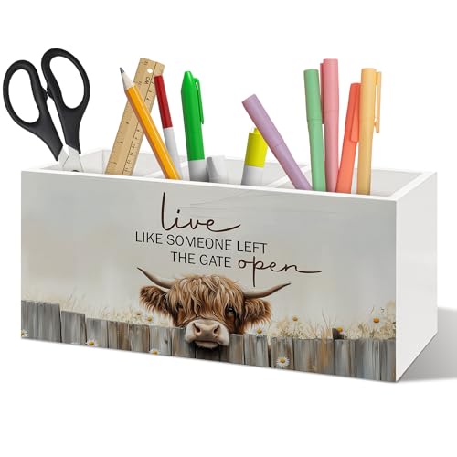 ANIANG Farmhouse Highland Cow Pen Holder Organizer Desk Decor, Highland