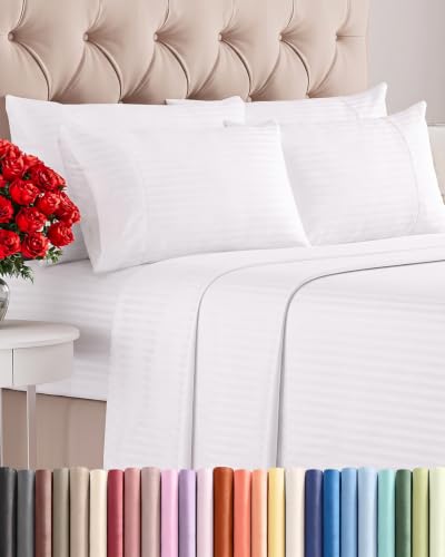 Image of Queen 6 Piece Bed Sheet Set - Breathable & Cooling Sheets - Striped White