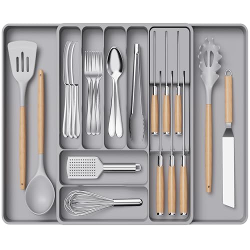 Lifewit Cutlery Drawer Organiser, Expandable Tray with Knives Holder for Kitchen Storage, Cutlery Organiser Insert for Spoons, Forks, Utensil, 1 Pack, Grey