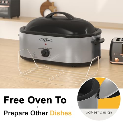 Sunvivi 24lb 20-Quart Roaster Oven, Electric Roaster Oven with Self-Basting Lid, Turkey Roaster with Unique Defrost/Warm Function, Large Roaster with Removable Pan & Rack, Stainless Steel, Silver