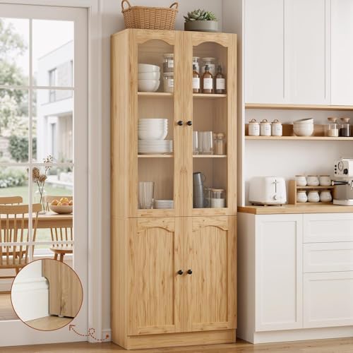 Image of Cyclysio 80 inch Tall Pantry Cabinet with 4 Doors, Natural Oak Kitchen Pantry Storage Cabinet with Built-in Baseboard Notch & Adjustable Shelves - Kitchen Storage Cabinet for Dining, Living, Office