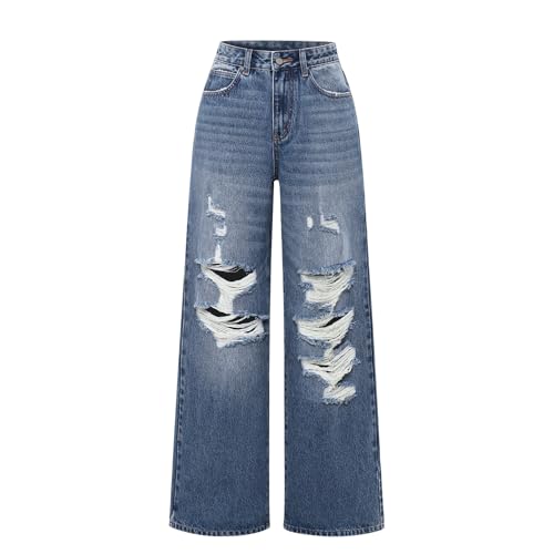 Women's Straight Jeans Casual Loose Ripped Vintage Denim Pants