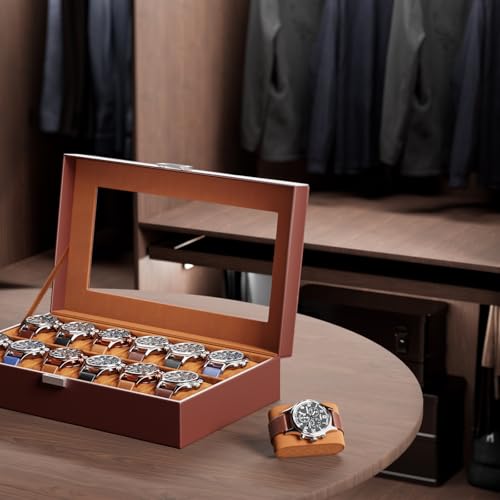 Image of ProCase 12 Slot Display Case for Men - PU Leather Organizer With Glass Lid, Ideal Gift Box for Storage - Brown