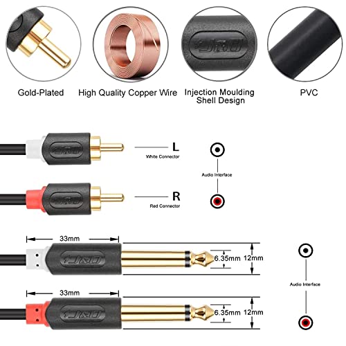 J&D Dual 1/4 Inch Ts To Dual Rca Stereo Audio Interconnect Cable, Gold Plated Audiowave Series 2 X 6.35 Mm Male Ts To 2 Rca Male Pvc Shelled Adapter Cable, 9 Feet #TOP1
