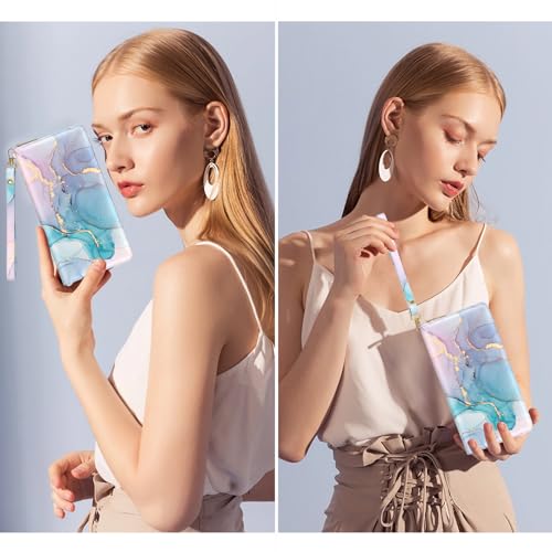 Image of Nipichsha Womens Wallet, RFID Wristlet Wallet for Women, Cute Ladies Purse, Large Credit Card Clutch Wallets with Zipper & Phone Holder, Colorful Ink Marble, Marble