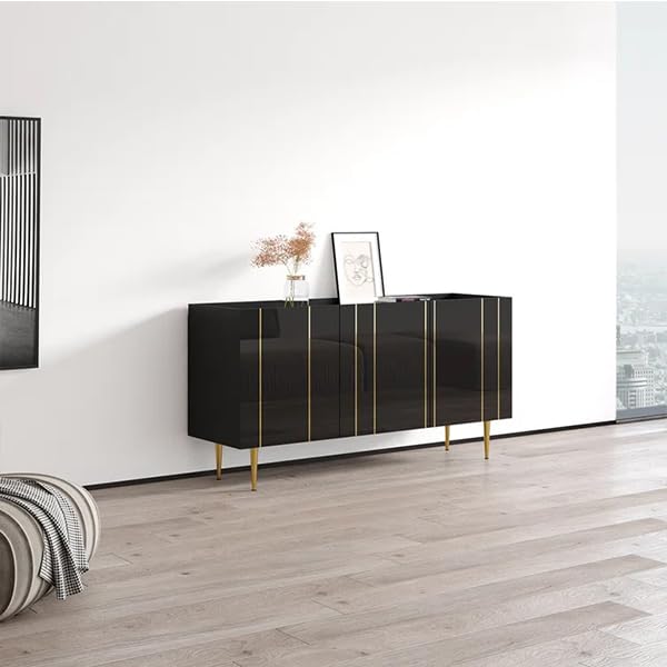 Heera Moti Nellore Contemporary Sideboard MDF with Golden Metal Legs, Living Room, Dining Area and Hallway, Soft-Close Shutters (Black, Large)-image-7