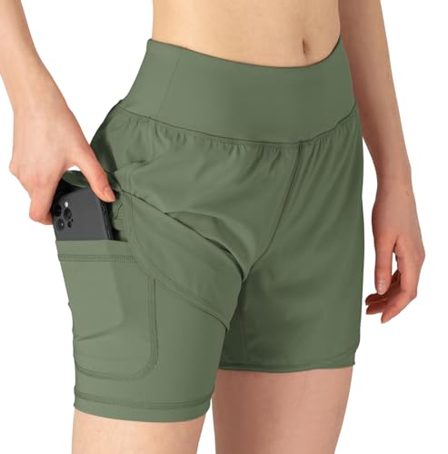 Short sport 2 en 1 femme vert XXL anti-frottement avec poche intérieure YSENTO