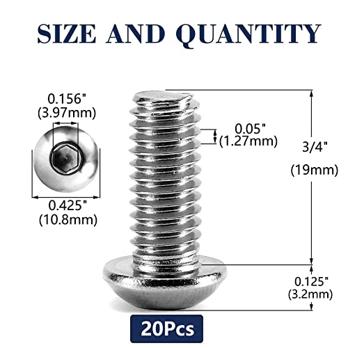 Image of 1 /4-20 x 3 /4 inch Button Head Socket Cap Bolts Screws, 20Pcs 304 Stainless Steel 18-8, Allen Hex Drive, Bright Finish by SG TZH(with Hex Spanner)